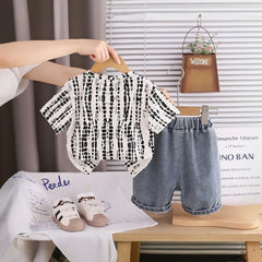 Boys Beige Abstract Printed Short Sleeve T-Shirt With Denim Shorts Sets