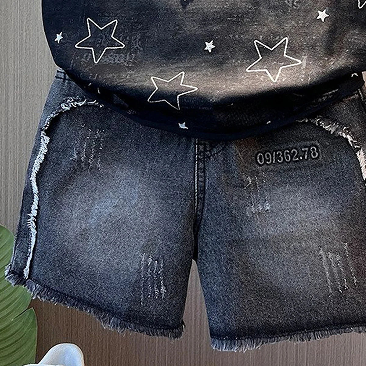 Boys Black Star Print Sleeveless T-Shirt With Denim Shorts Sets