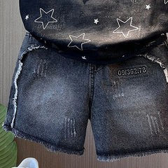 Boys Black Star Print Sleeveless T-Shirt With Denim Shorts Sets