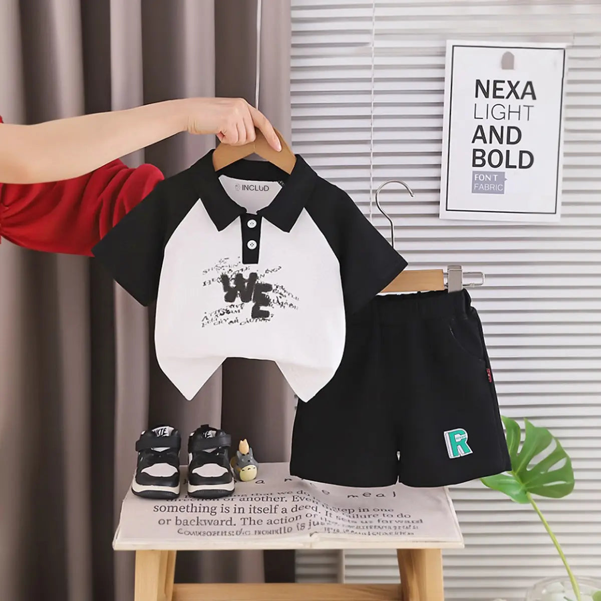 Boys Black Typographic Printed Raglan Sleeve Polo T-Shirt With Shorts Sets