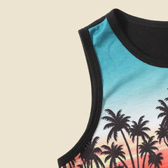 Boys Black Graphic Printed Sleeveless Vest With Shorts Set