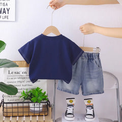 Boys Blue Graphic T-Shirt With Denim Shorts Sets