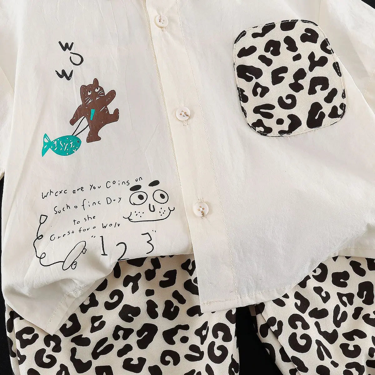 Boys Beige Animal Print Shirt with Elasticated Shorts Sets