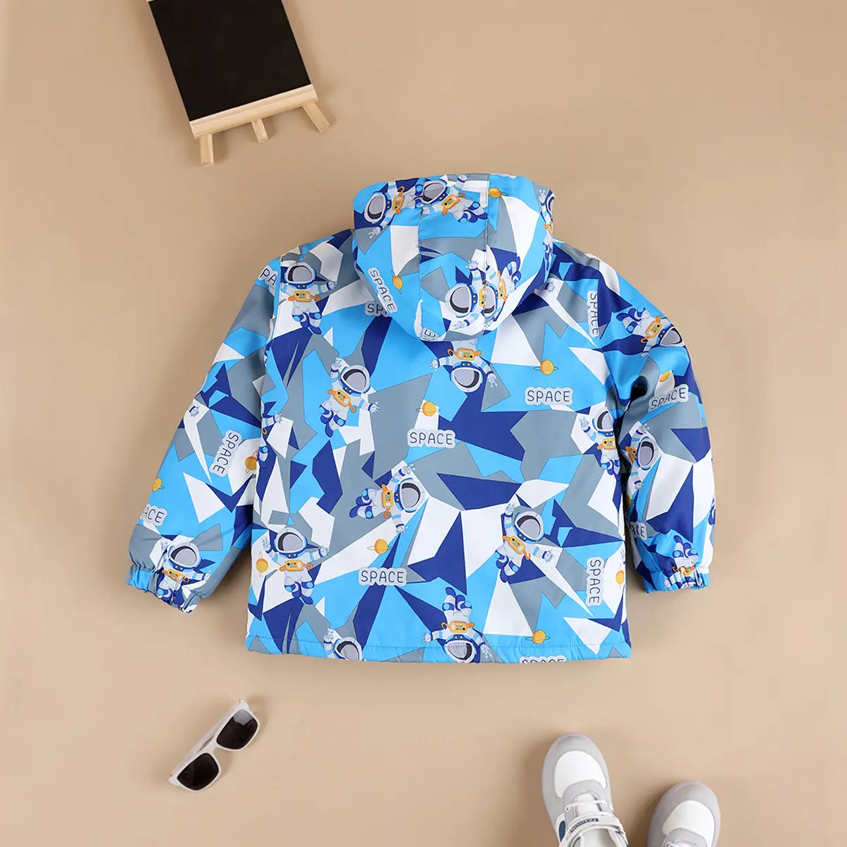 Boys Blue Astronaut Printed Hooded Zipper Jacket