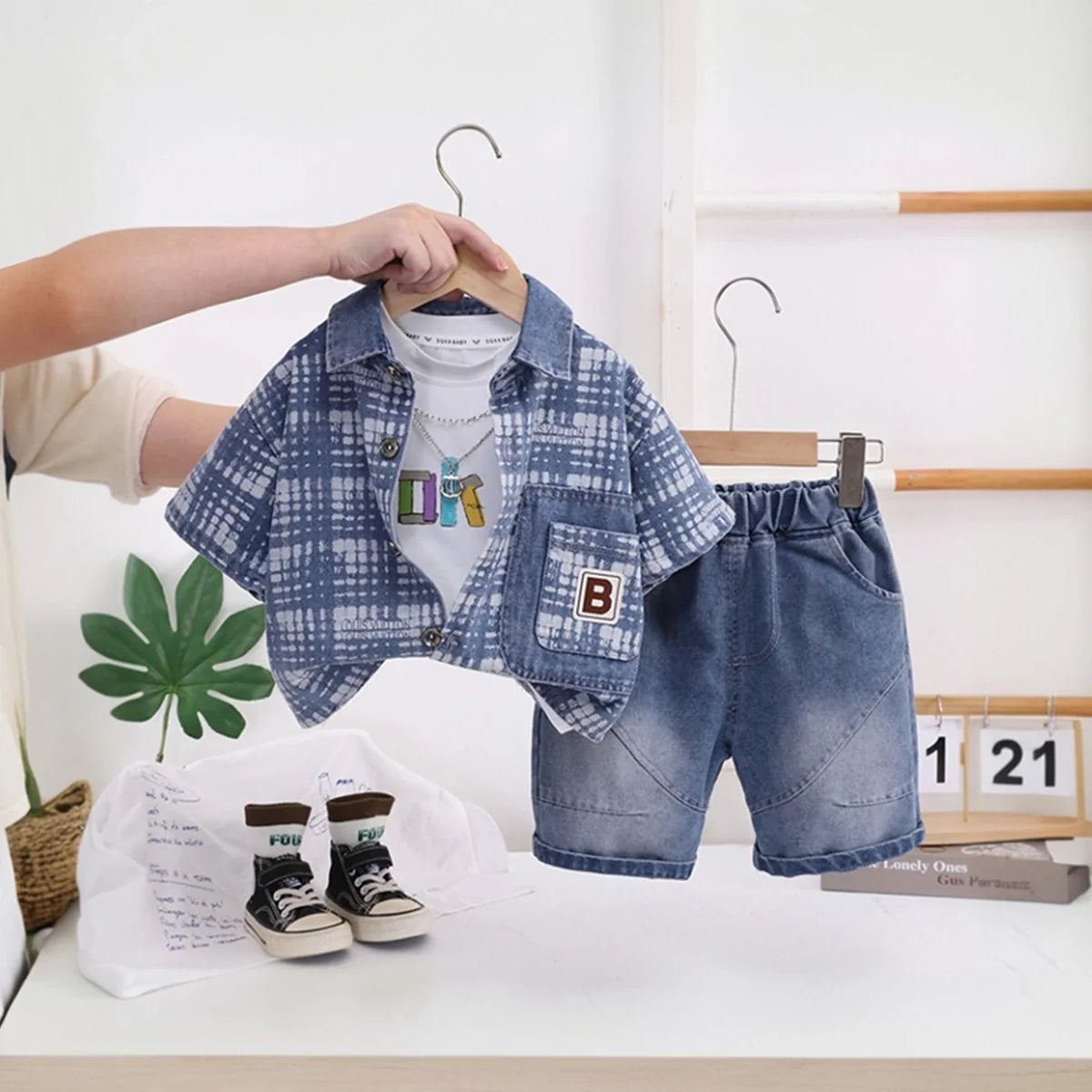 Boys Blue Checked Short Sleeve Shirt With T-Shirt And Denim Shorts Sets