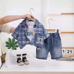 Boys Blue Checked Short Sleeve Shirt With T-Shirt And Denim Shorts Sets
