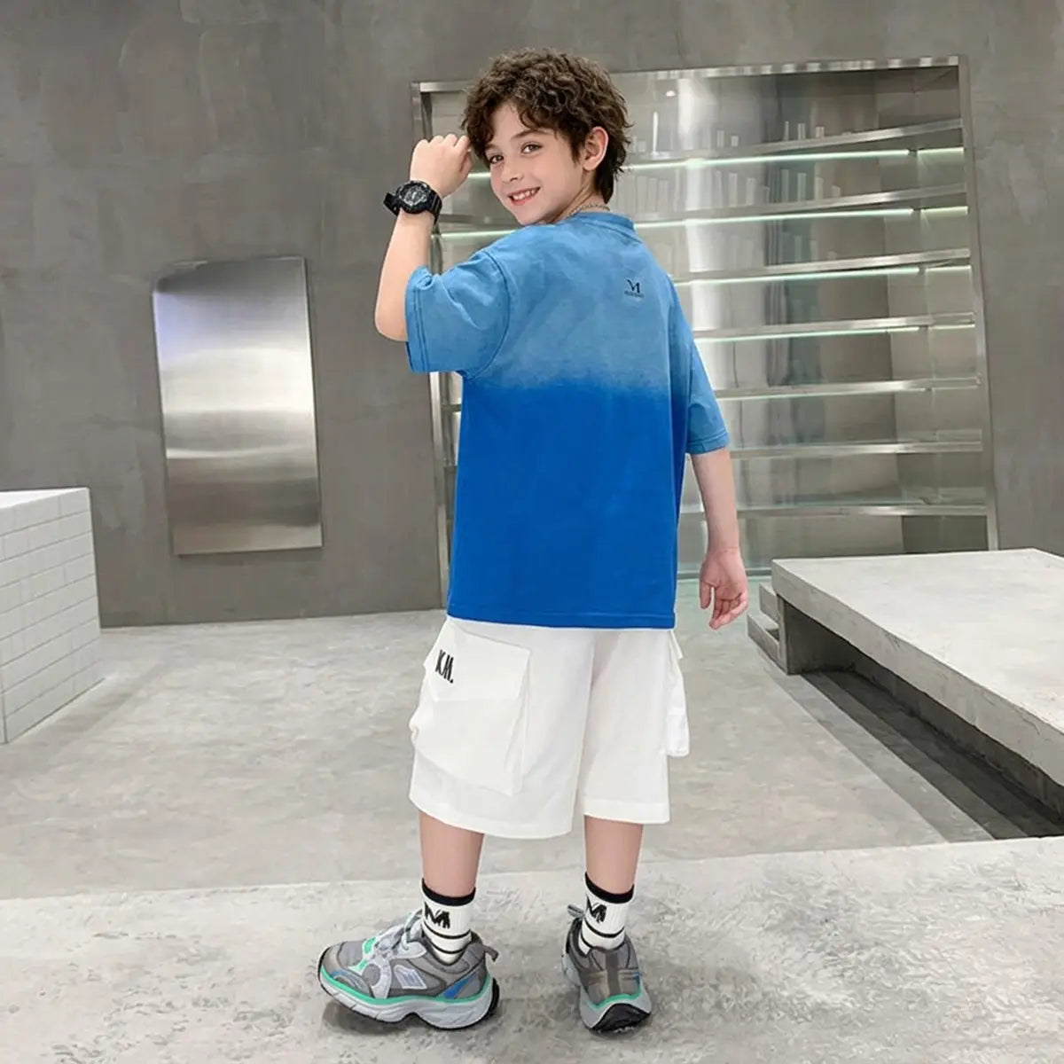Boys Blue Ombre Print T-Shirt With Shorts Sets