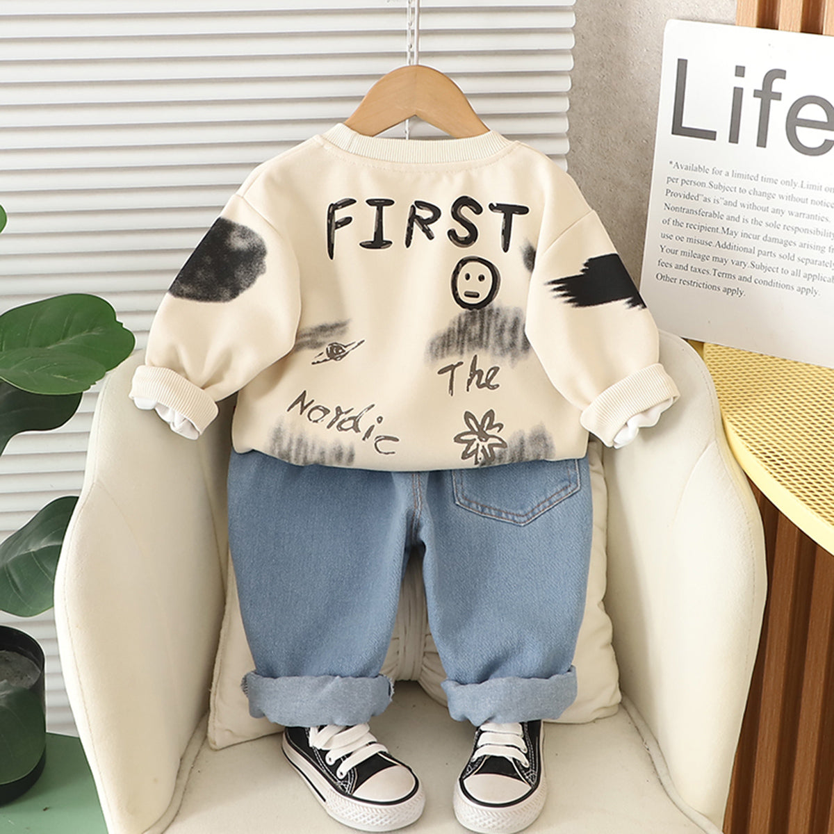 Boys Beige Spider Printed Winter Sweatshirt With Denim Pants Set