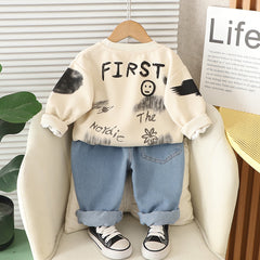 Boys Beige Spider Printed Winter Sweatshirt With Denim Pants Set