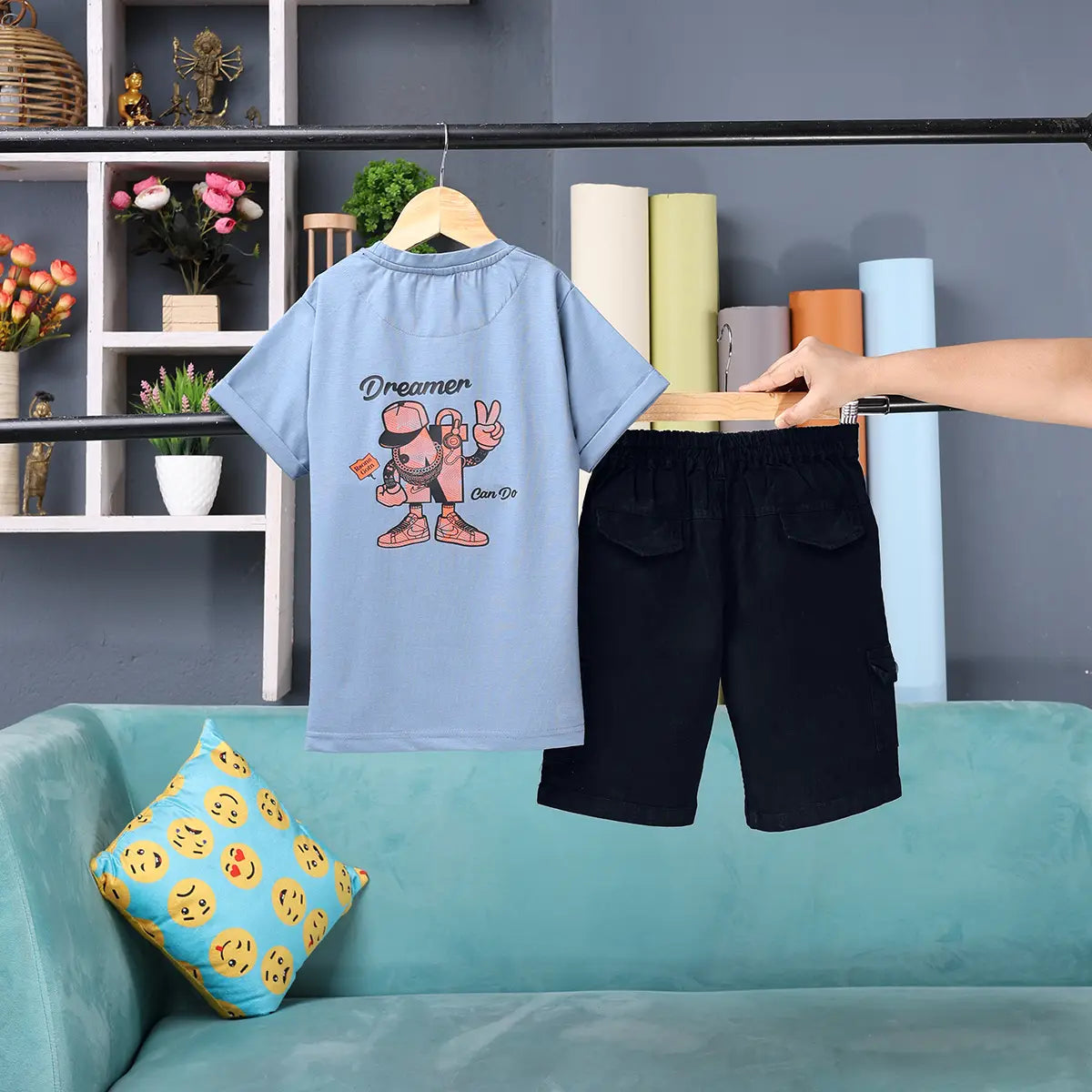 Boys Blue Graphic Short Sleeve T-Shirt With Elasticated Cargo Shorts Sets