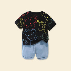 Boys Black Giraffe Graphic T-Shirt With Denim Shorts