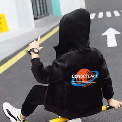 Boys Black Hooded Zipper Jacket With Jogger Co-ord Sets