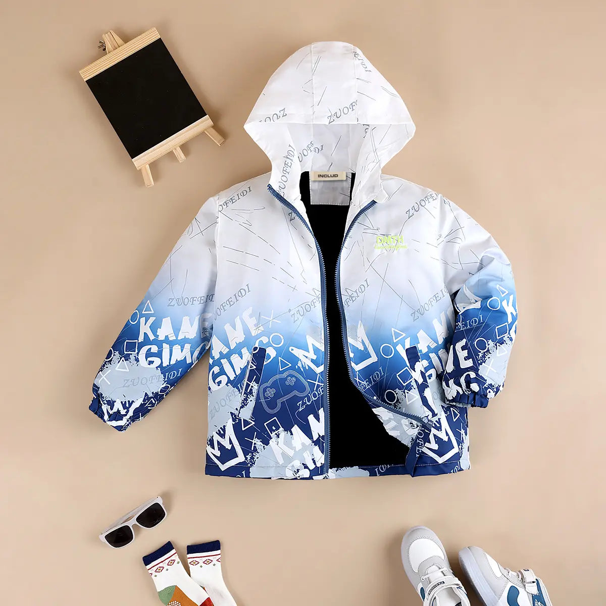 Boys Blue Ombre Printed Hooded Zipper Jacket