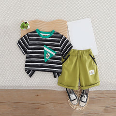 Boys Black Striped Triangular Patch Pocket T-Shirt With Brown Shorts Set
