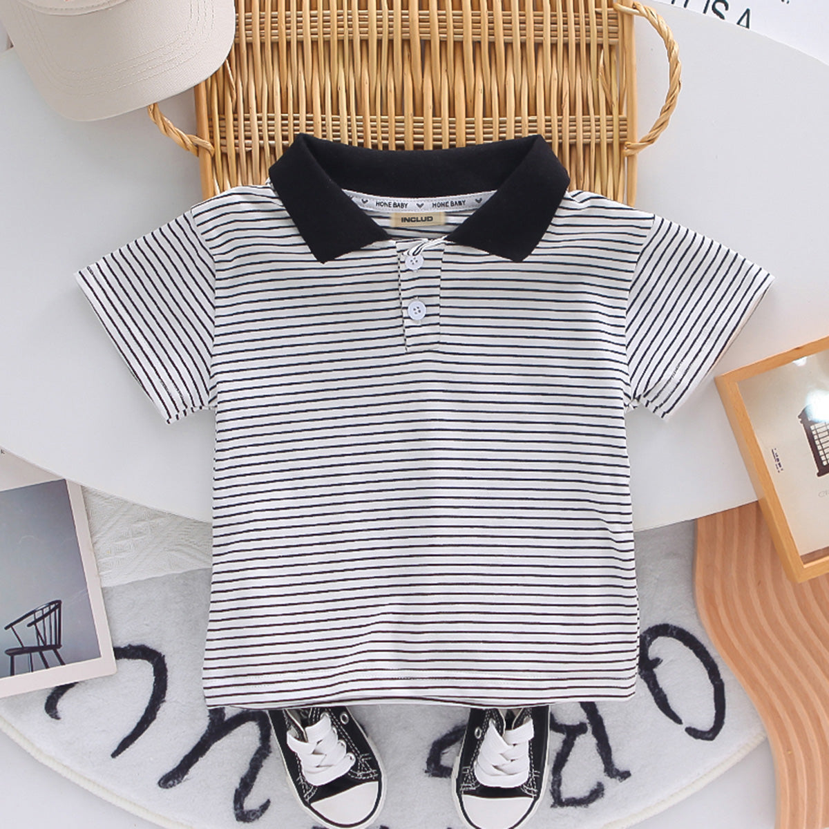 Boys Black Striped Polo T-Shirts With Dungaree Set