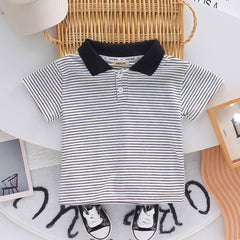 Boys Black Striped Polo T-Shirts With Dungaree Set