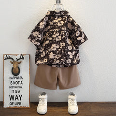 Boys Black Floral Print Button-Down Shirt With Shorts Set