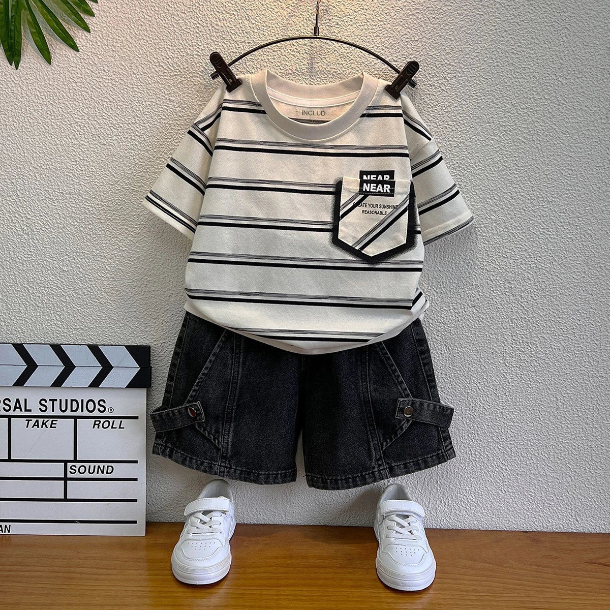 Boys Black Short Sleeve Striped T-Shirt With Denim Shorts Sets
