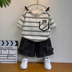 Boys Black Short Sleeve Striped T-Shirt With Denim Shorts Sets