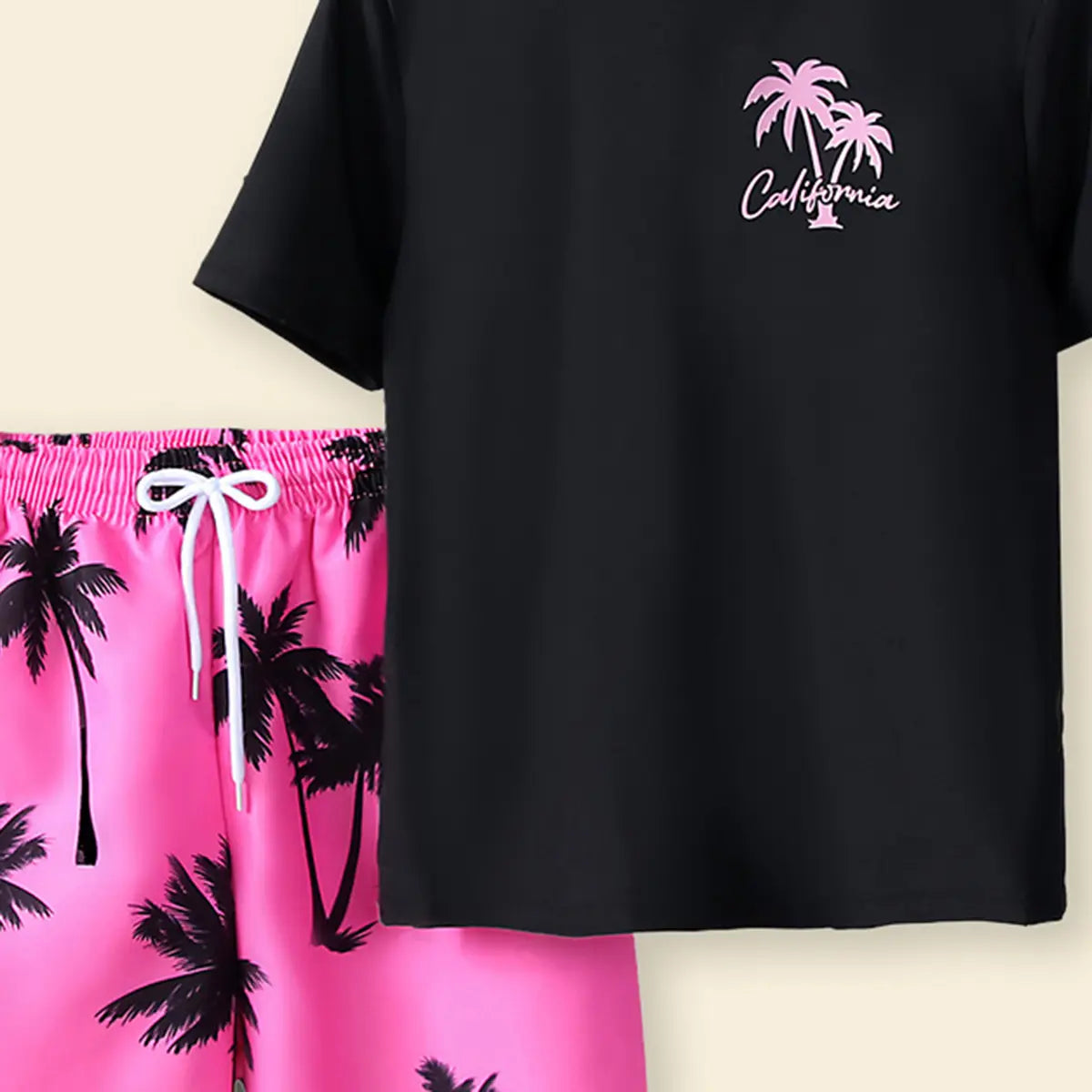 Boys Black Tropical Printed Short Sleeves T-Shirt & Shorts Swimsuit Sets