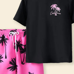 Boys Black Tropical Printed Short Sleeves T-Shirt & Shorts Swimsuit Sets