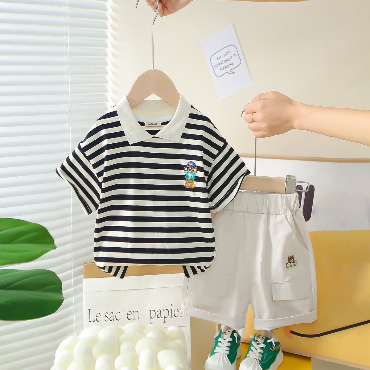 Boys Black Horizontal Striped Polo T-Shirt With Shorts Set