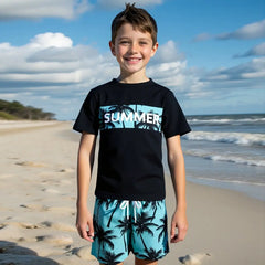 Boys Black Tropical Printed Short Sleeves T-Shirt & Shorts Swimsuit Sets