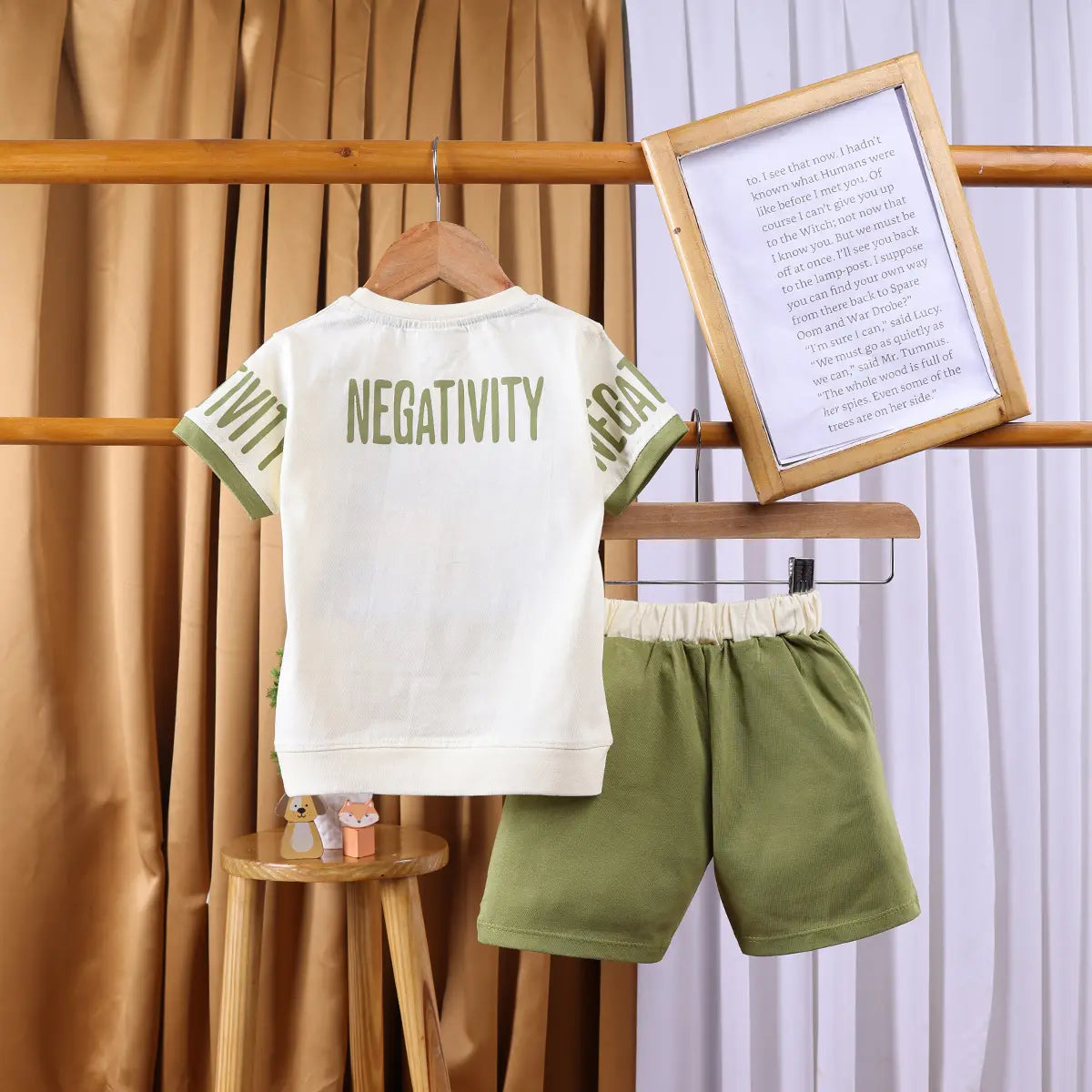 Boys Beige Typographic Printed Short Sleeve T-shirts With Elasticated Shorts Sets