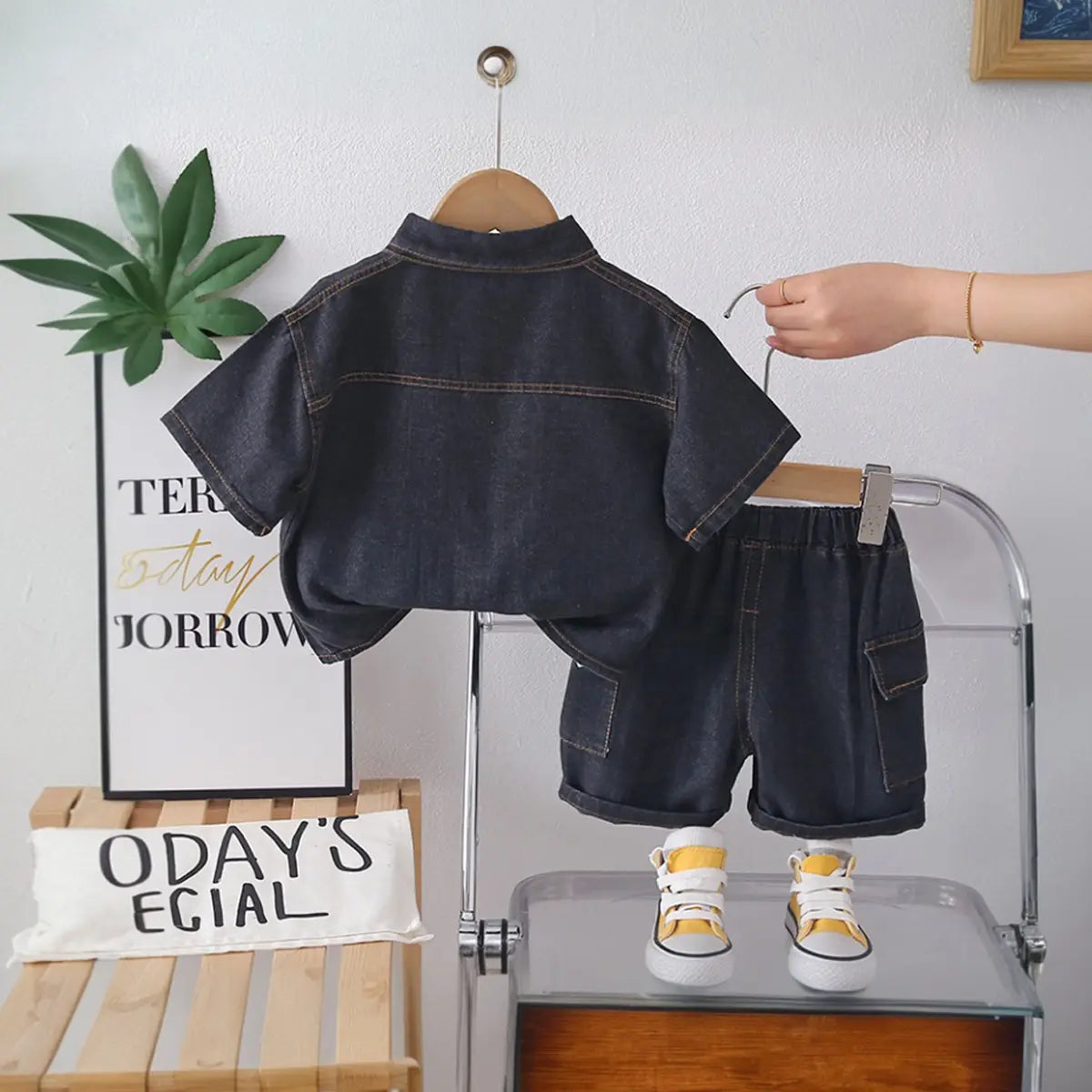 Boys Black Denim Shirt & Cargo Shorts With Printed T-Shirt Sets