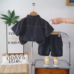 Boys Black Denim Shirt & Cargo Shorts With Printed T-Shirt Sets