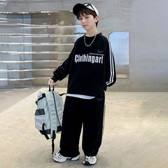 Boys Black Typographic Printed Sweatshirt With Pants Set