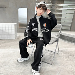 Boys Black Alphanumeric Printed Oversized Zip-up Jacket With Pants Sets