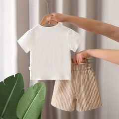 Boys Beige Striped Shorts with Short Sleeves T-shirt with attached Waistcoat Set