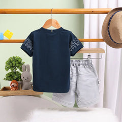 Boys Blue Graphics Short Sleeves T-Shirt With Cargo Shorts Set