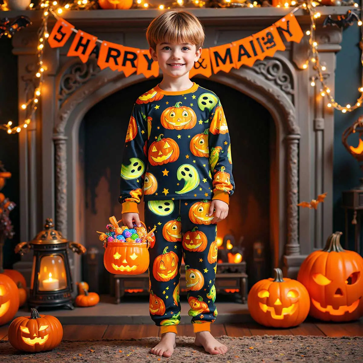 Boys Black Halloween Pumpkin Printed T-Shirt With Jogger Co-ord Sets
