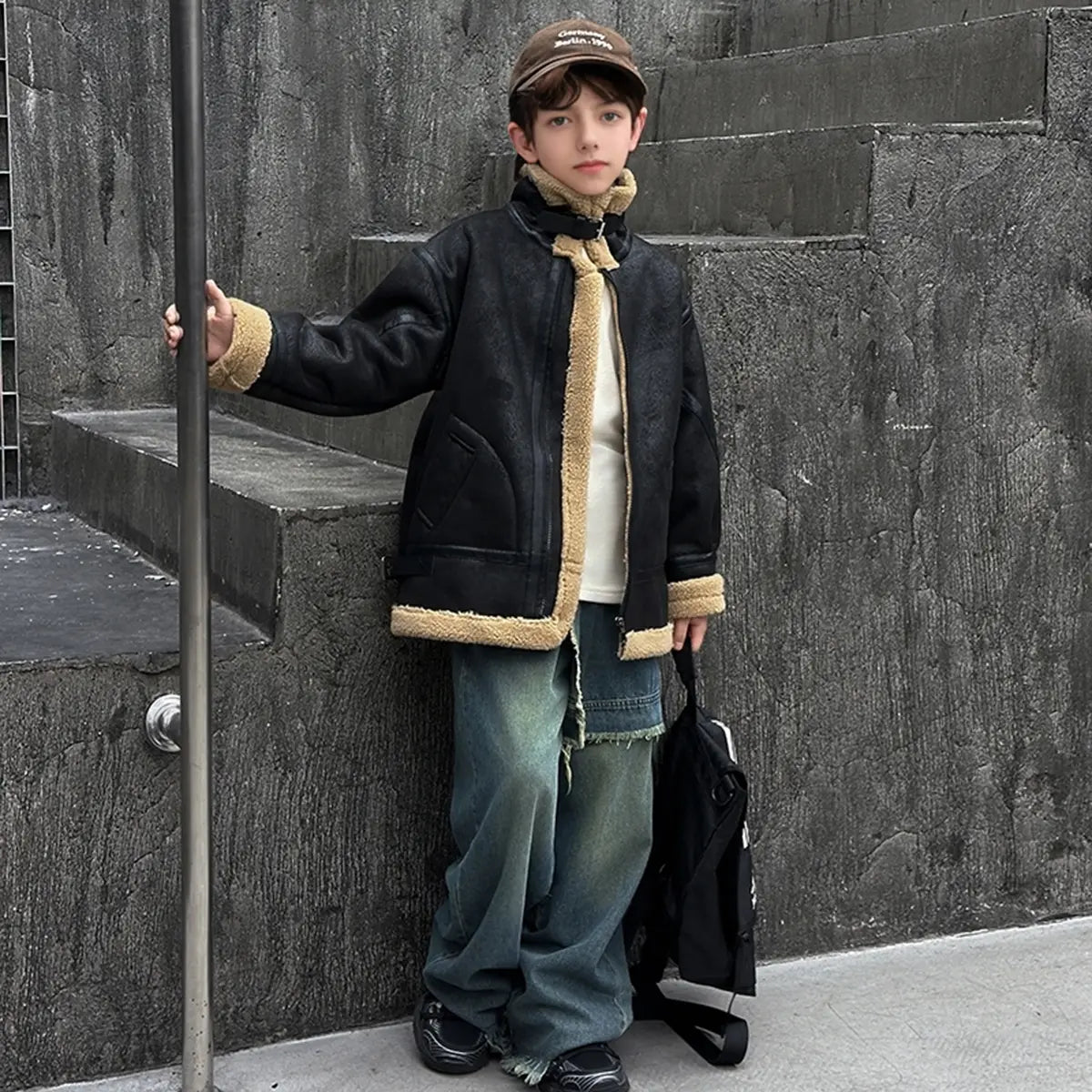 Boys Black Faux Leather Heavy Jacket With Fleece Lining
