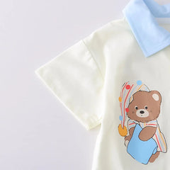 Boys Beige Bear Print Polo T-Shirt With Denim Shorts Sets