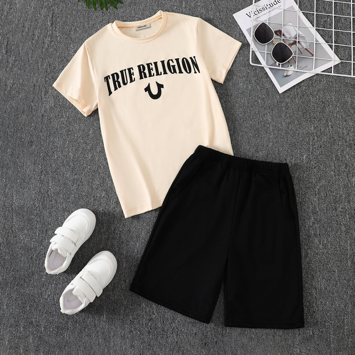 Boys Apricot Typographic Print Short Sleeves T-Shirt With Shorts Set
