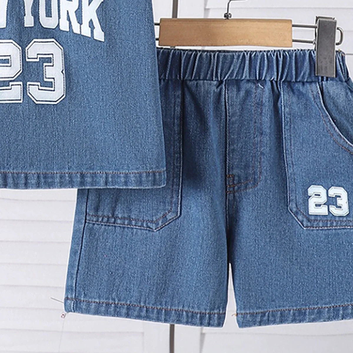 Boys Blue Alphanumeric Print Short Sleeve Denim Shirt With Shorts Sets