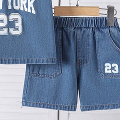 Boys Blue Alphanumeric Print Short Sleeve Denim Shirt With Shorts Sets