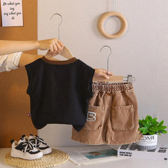 Boys Black Typographic Printed Sleeveless T-Shirt With Shorts Sets