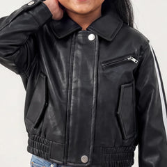 Boys Black Striped Long Sleeve Faux Leather Jackets