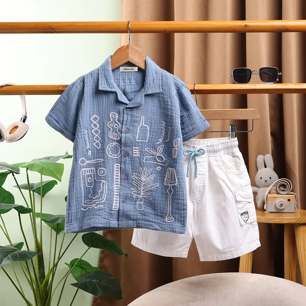 Boys Blue Graphics Short Sleeve Shirt With Elasticated Shorts Sets