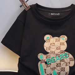 Boys Black Short Sleeve Bear Applique T-Shirt With Shorts Sets