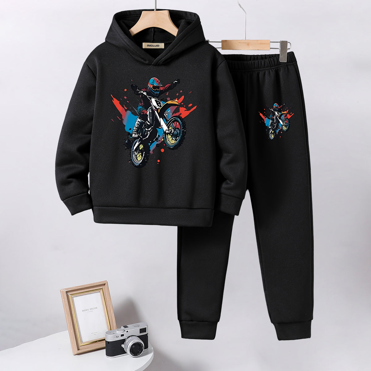 Boys Black Motorcycle Printed Hooded Sweatshirt with Joggers Set