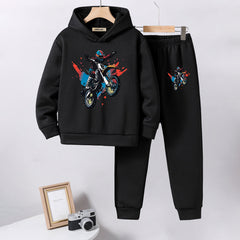 Boys Black Motorcycle Printed Hooded Sweatshirt with Joggers Set