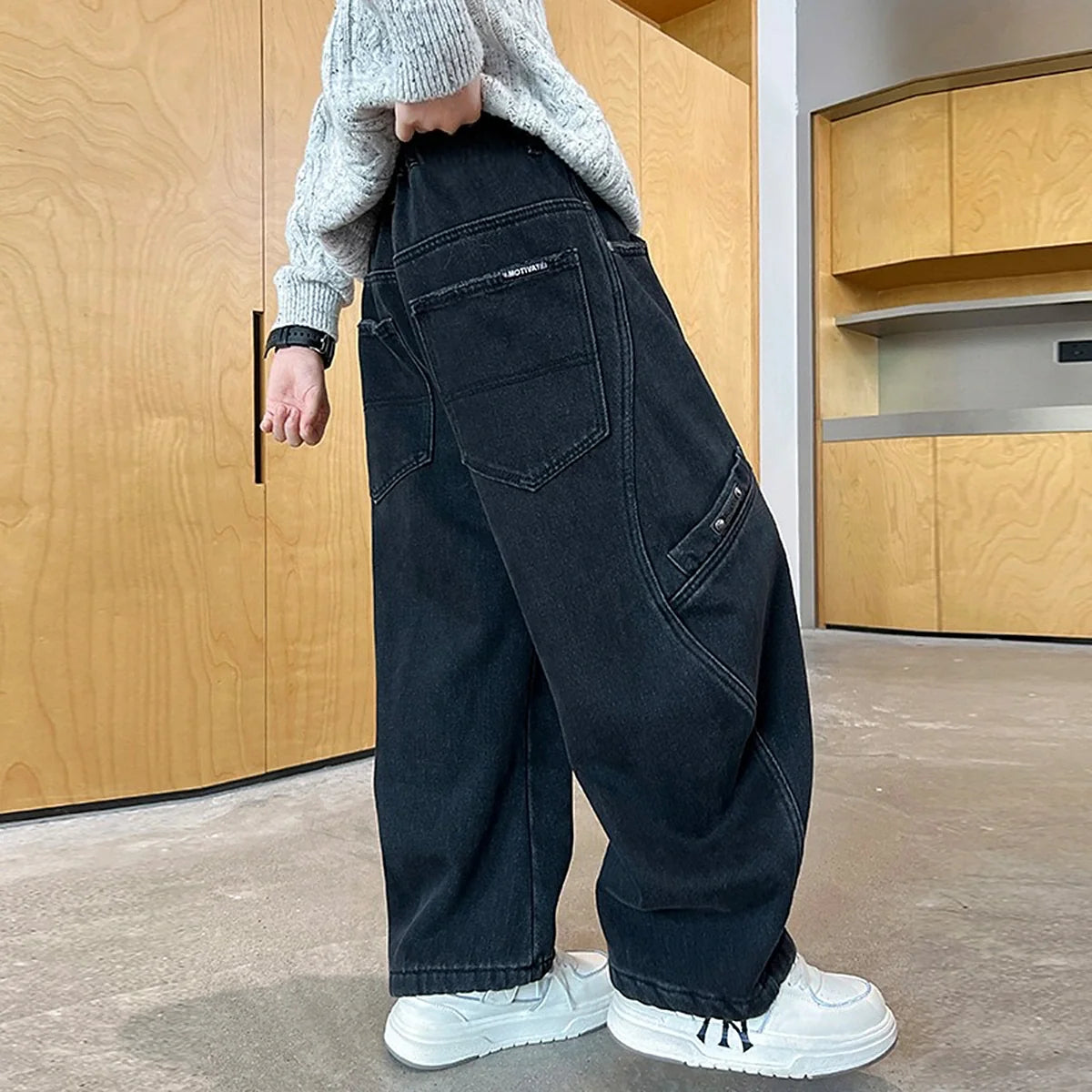 Boys Black Loose Fit Elasticated Denim Jeans