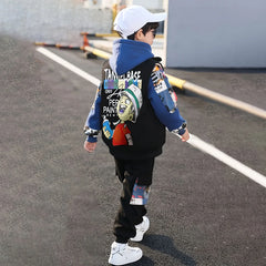 Boys Blue Graphics Printed hoodie With Sleeveless Jacket & Jogger Sets