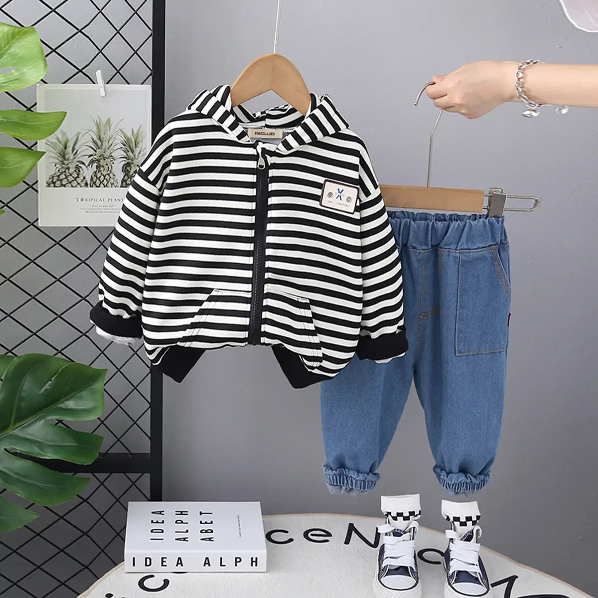 Boys Black Stripes Hooded Zipper Jacket With Denim Jogger Sets
