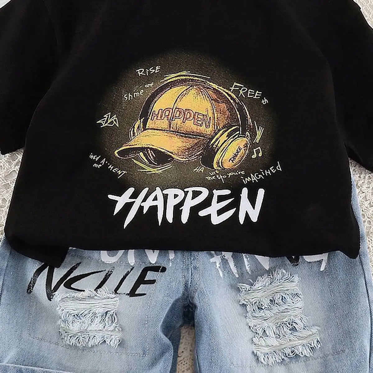 Boys Black Cap Graphic Short Sleeve T-Shirt With Distressed Denim Shorts Sets
